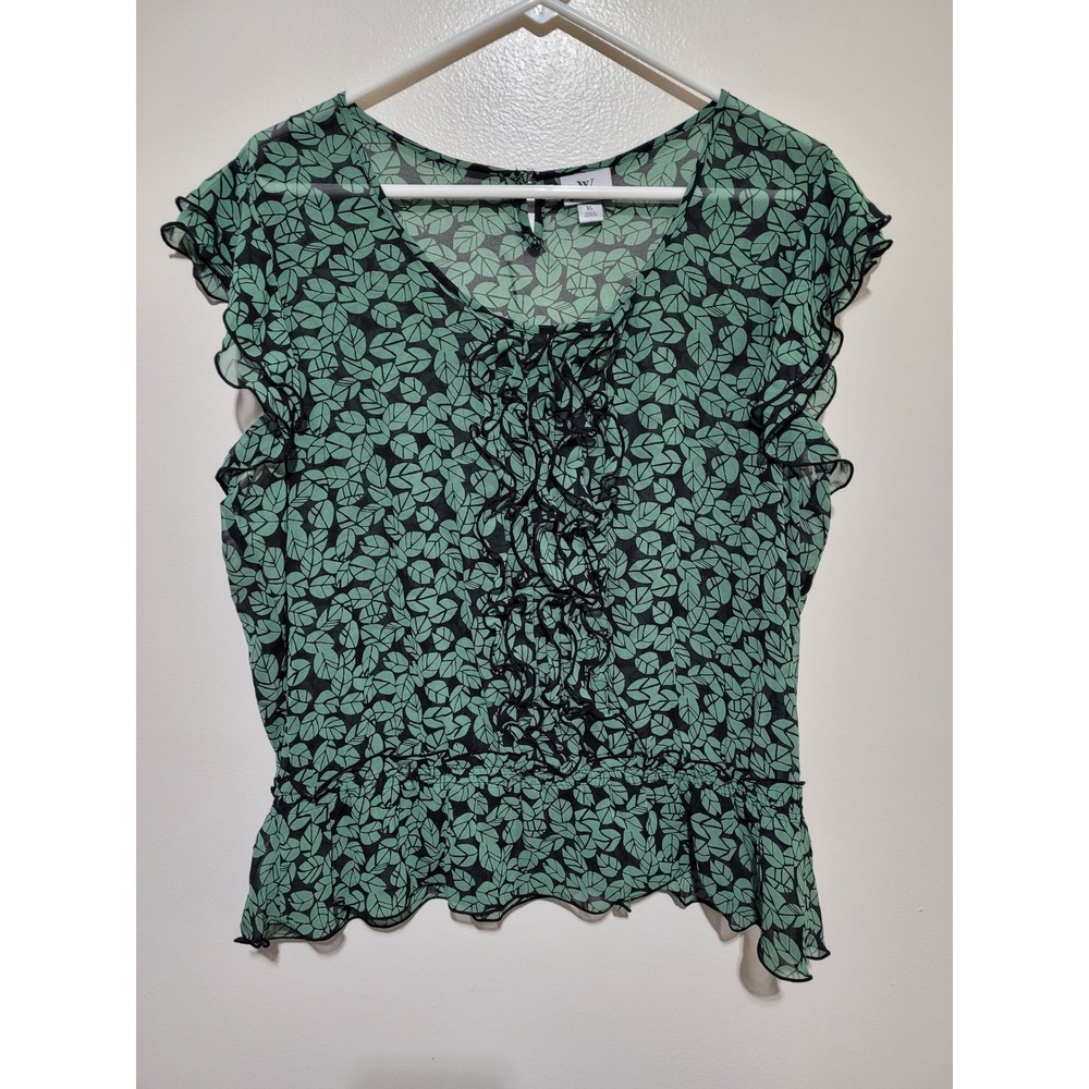 Worthington Blouse Women XL Green  Leaf Print Ruffle Smocked Peplum Top‎